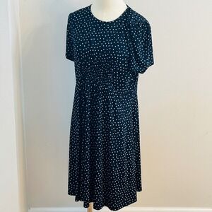 Boden Black Blue Polka Dot Smocked Empire Waist Dress US 10R Short Sleeve Jersey